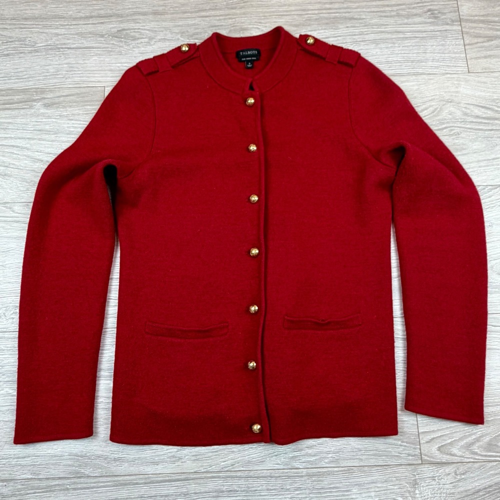 Talbots Red Merino Wool Military Style Gold Button Front Cardigan Sweater Size S
